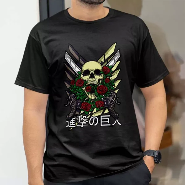تیشرت طرح انیمه Attack on Titan جمجمه و گل رز کد 137
